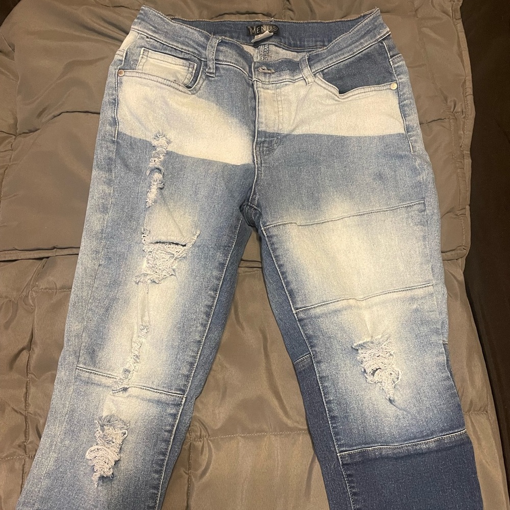 Venus patchwork distressed jeans with stretch.
